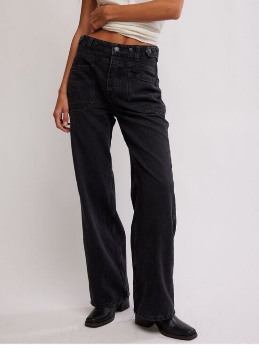 Free People We The Free Palmer Cuffed Wide Leg Jeans Black Size 27 NWT